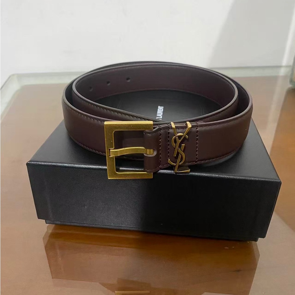Saint Laurent YSL Brown Leather Belt 85CM – Iconic Gold Logo